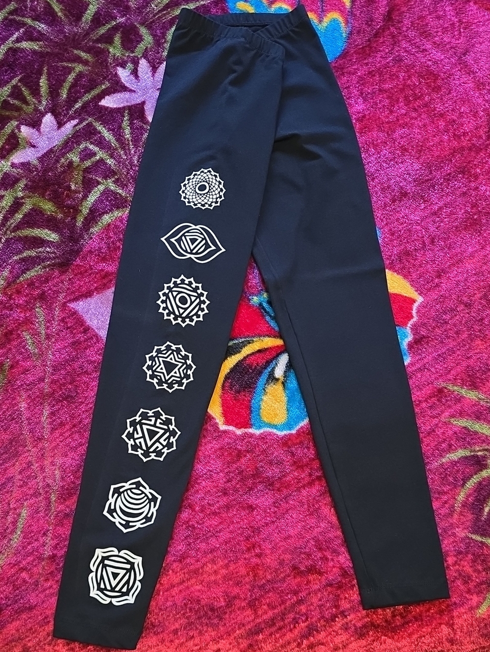 Handprinted American Apparel Black Leggings White Chakras 92% Cotton NWOT Size M